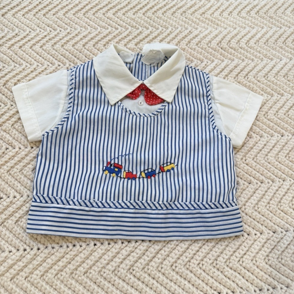 Baby Togs Baby Boy Train Shirt Size 0-6 Months Pinstripe Primary Colors VTG 80s